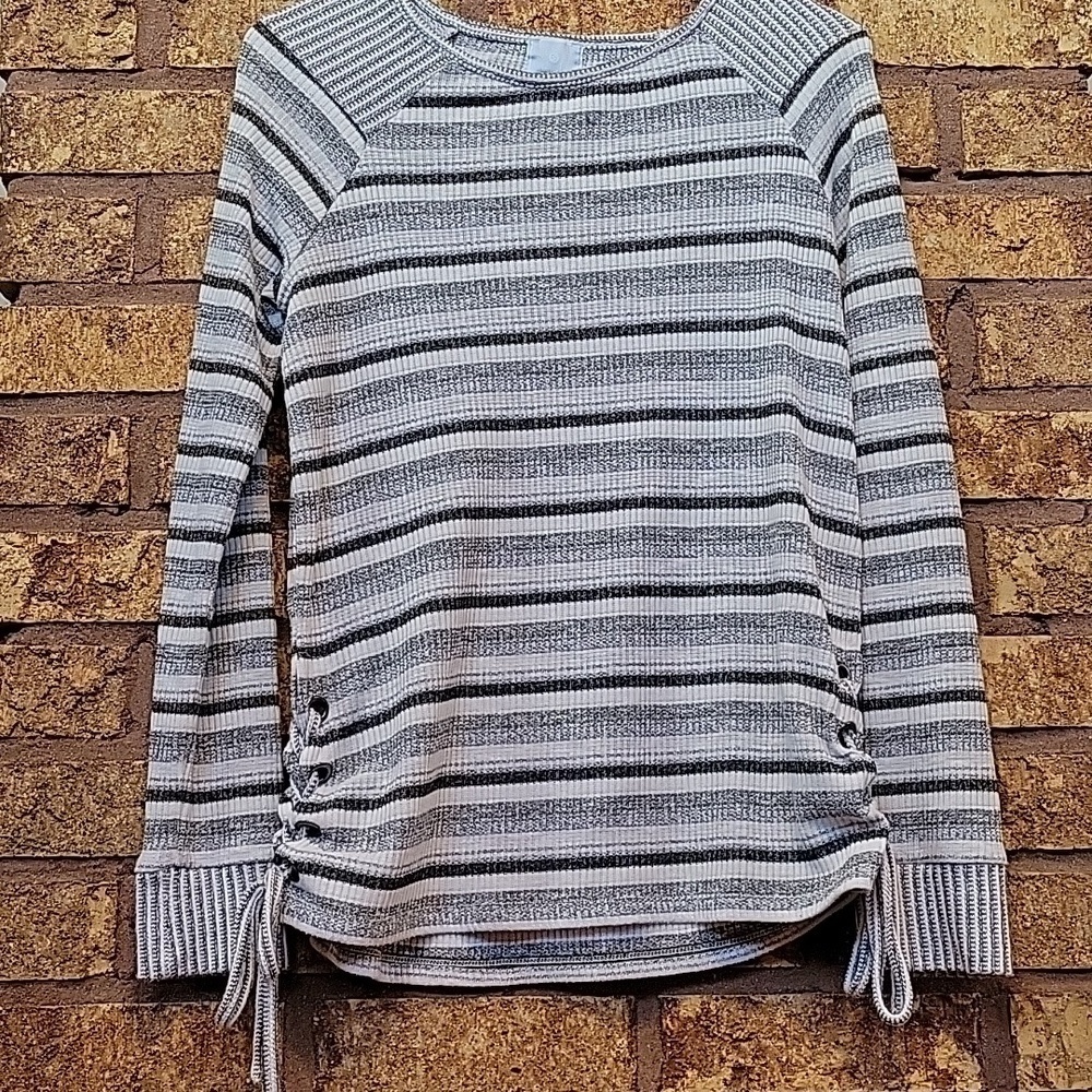 Sunday From Dress Barn Striped Size Small Gray And White Striped Sweater